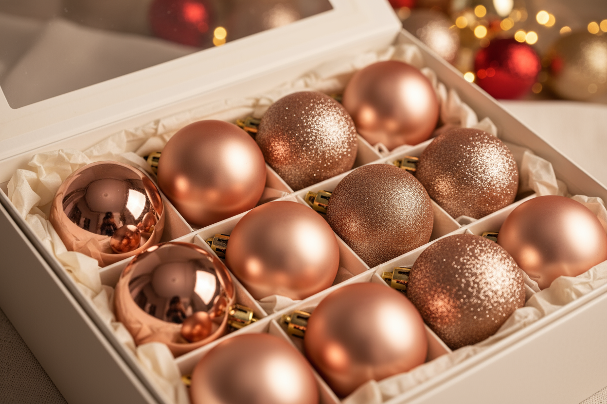 ozy обстановка която да наблегне на позиционирането на коледните топки в кутия.Christmas tree baubles in pink gold, one size, featuring glossy, matte and sparkling finishes . Pink gold matte and glitter baubles, 7 cm, 31 pieces.