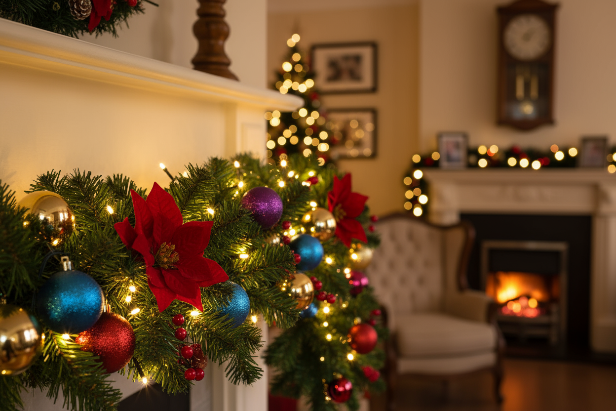 slim Green Christmas Garland with LED Lights, Baubles and Poinsettia Flowers in a cozy background focusing the garland 