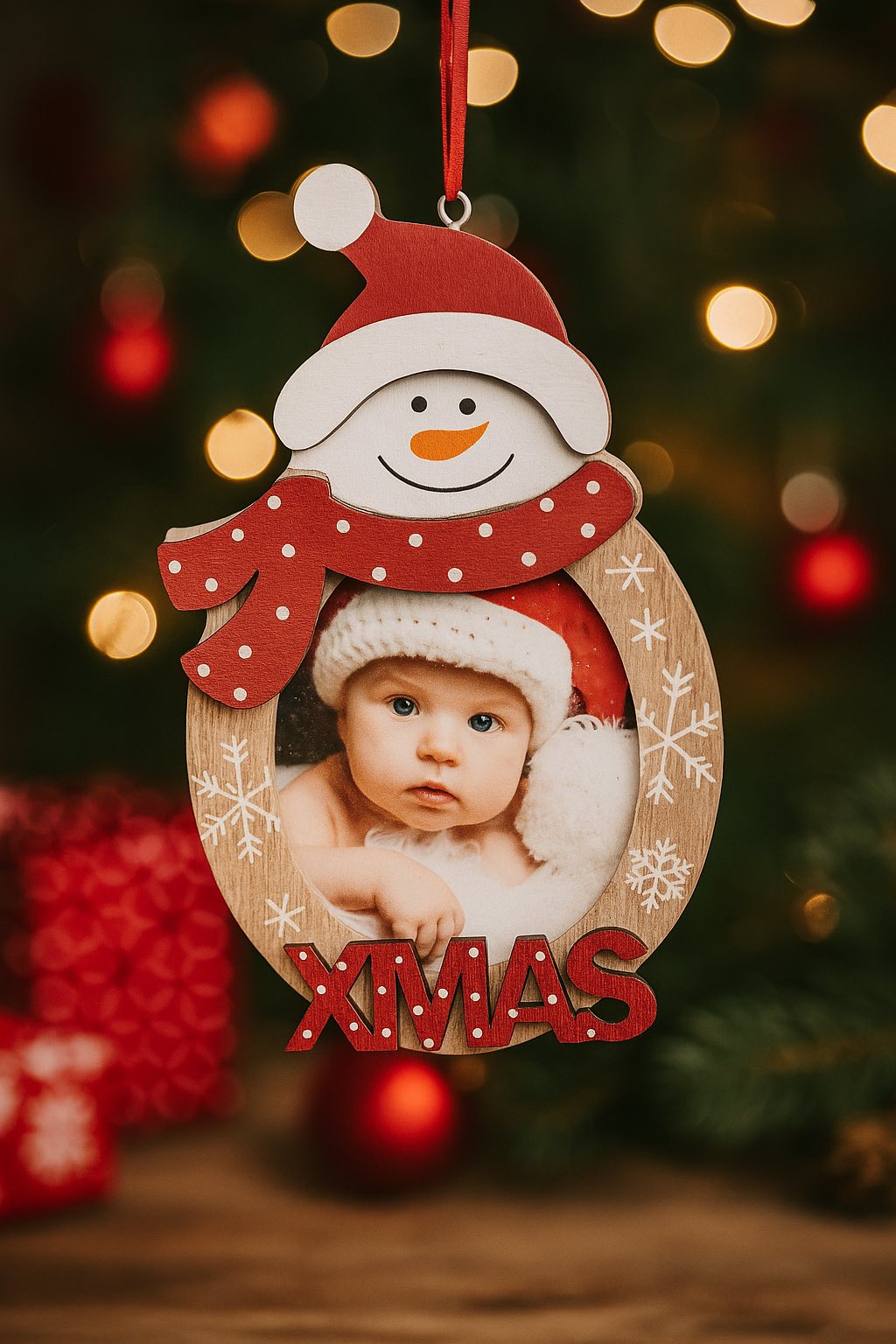 Коледен дървен орнамент „Снежен човек“ – Фоторамка със снежен човек 