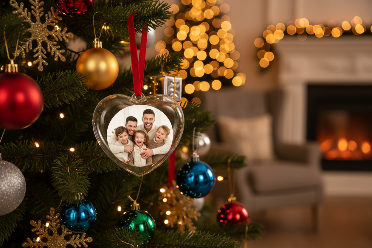 Съчетайте различни цветове, форми и размери за неповторима коледна украса и декорация на вашето дърво. Transparent Heart Christmas Ornament with Photo Slot more magic
cozy обстановка която да наблегне на позиционирането на артикула закачен към елха. добави някаква семейна снимка вътре като образец 