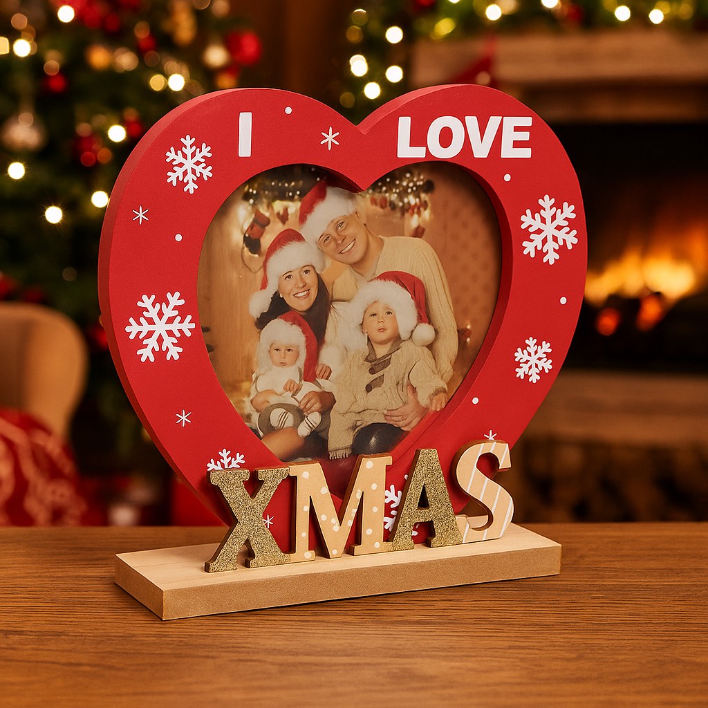 Дървена коледна фоторамка с червено сърце „I Love Xmas“